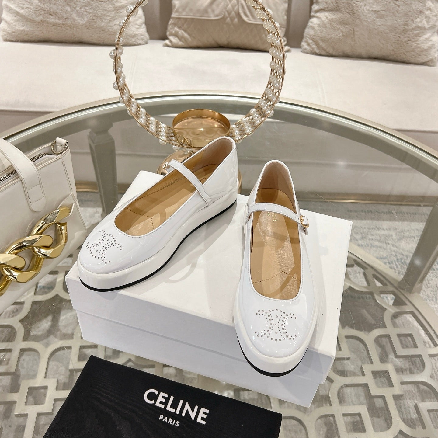 CLARA WEDGE MARY-JANE BALLERINA IN WHITE PATENT CALFSKIN - 35