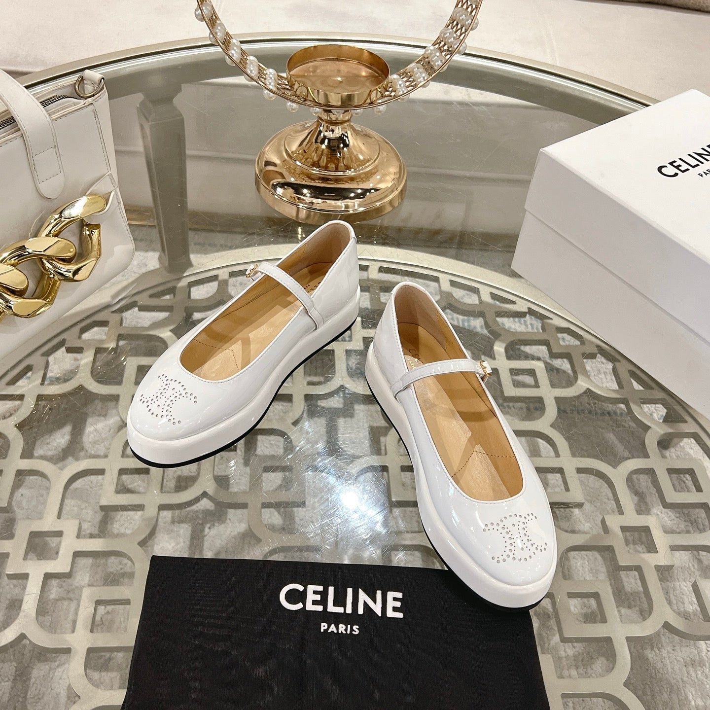 CLARA WEDGE MARY-JANE BALLERINA IN WHITE PATENT CALFSKIN - 35
