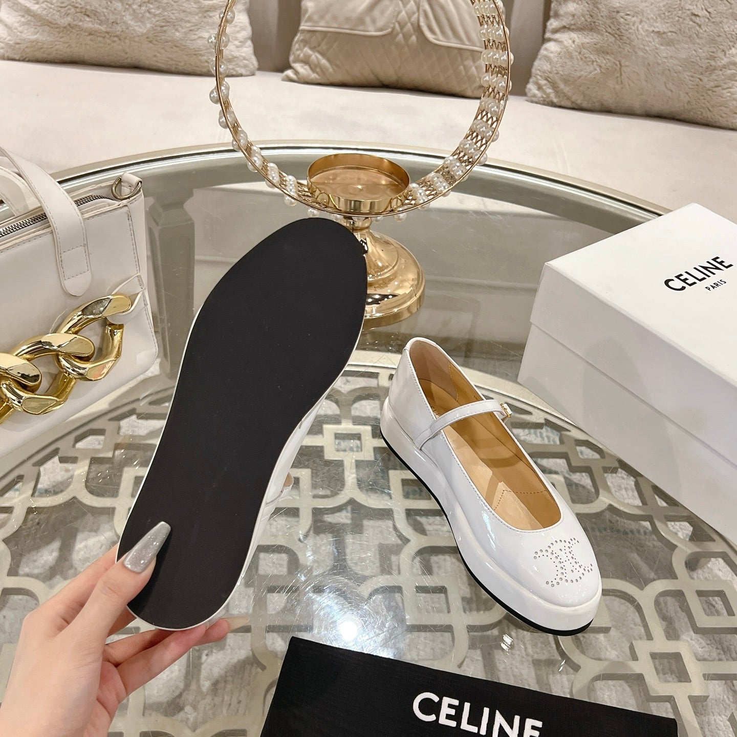 CLARA WEDGE MARY-JANE BALLERINA IN WHITE PATENT CALFSKIN - 35