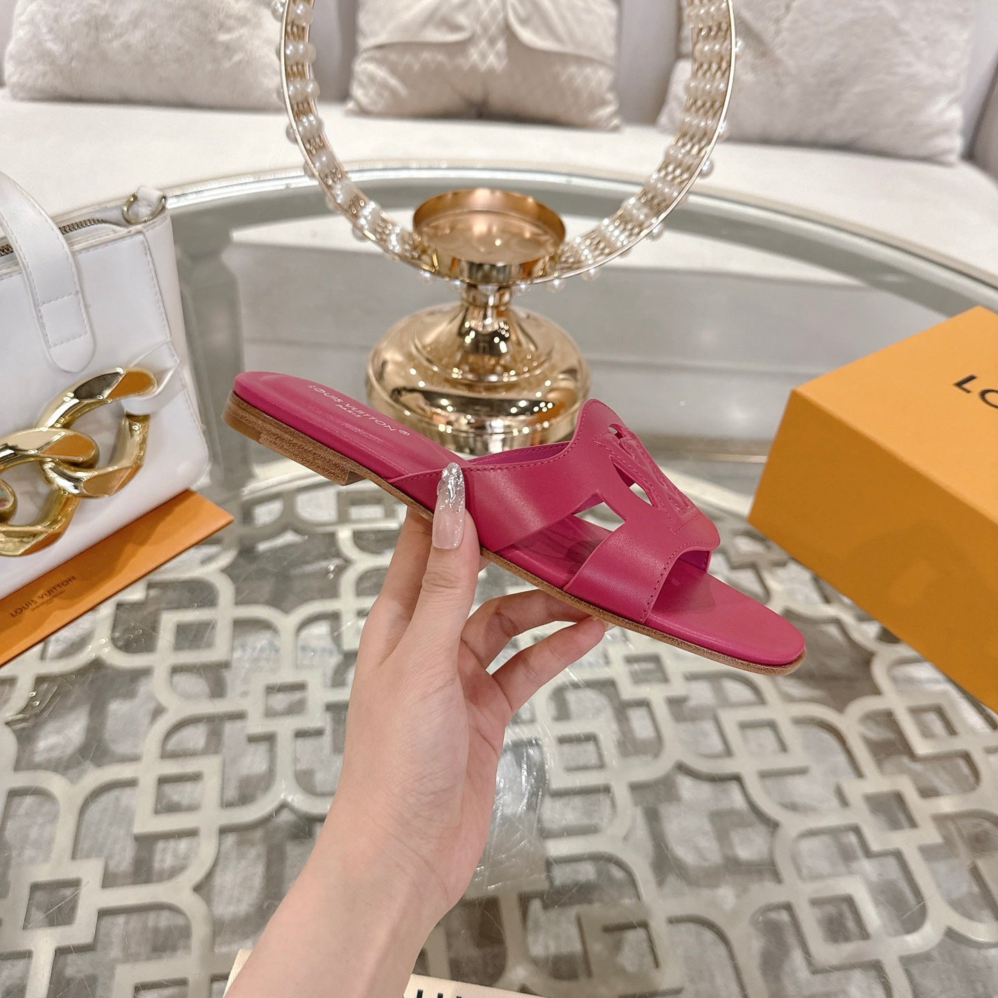 ISOLA FLAT SLIDE IN DARK PINK CALFSKIN - 35