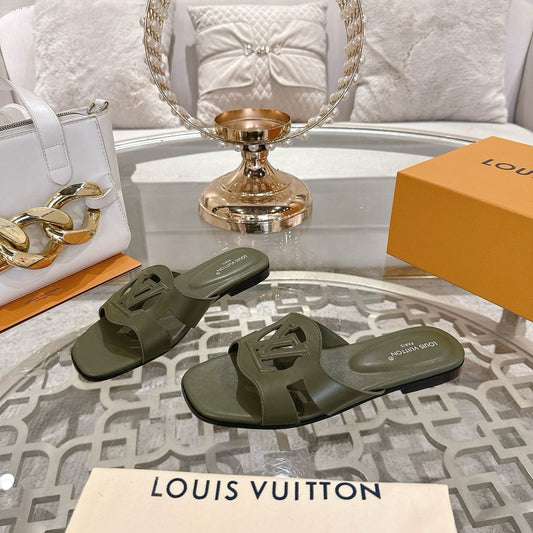 ISOLA FLAT SLIDE IN ARMY GREEN CALFSKIN - 35