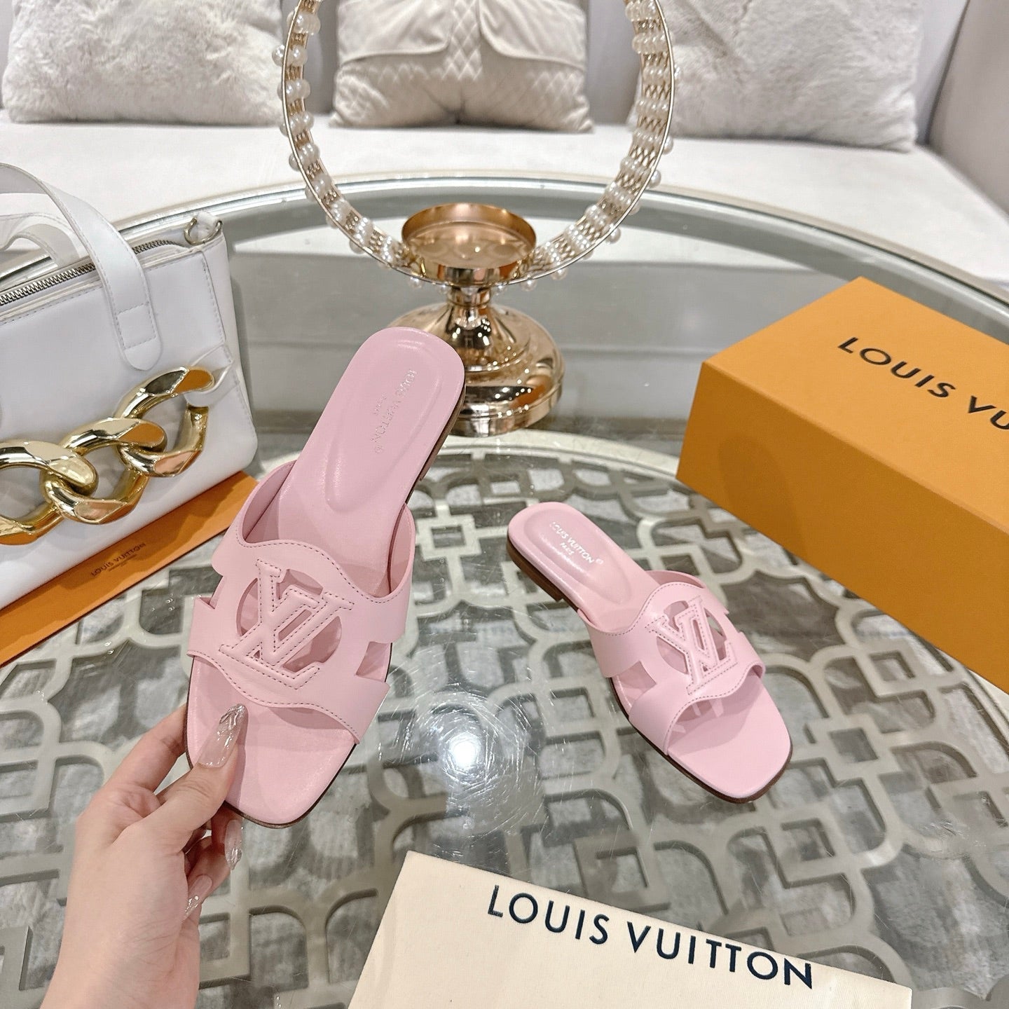 ISOLA FLAT SLIDE IN PASTEL PINK CALFSKIN - 35