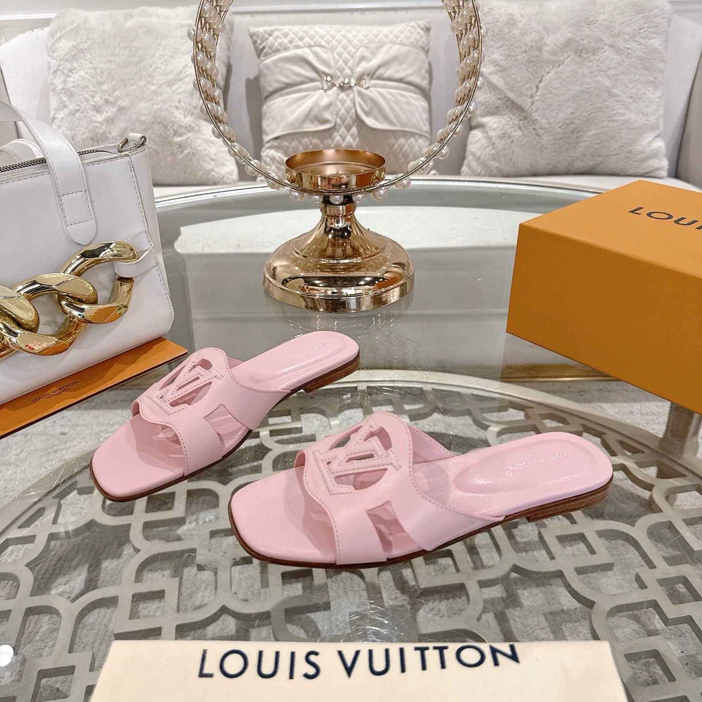 ISOLA FLAT SLIDE IN PASTEL PINK CALFSKIN - 35