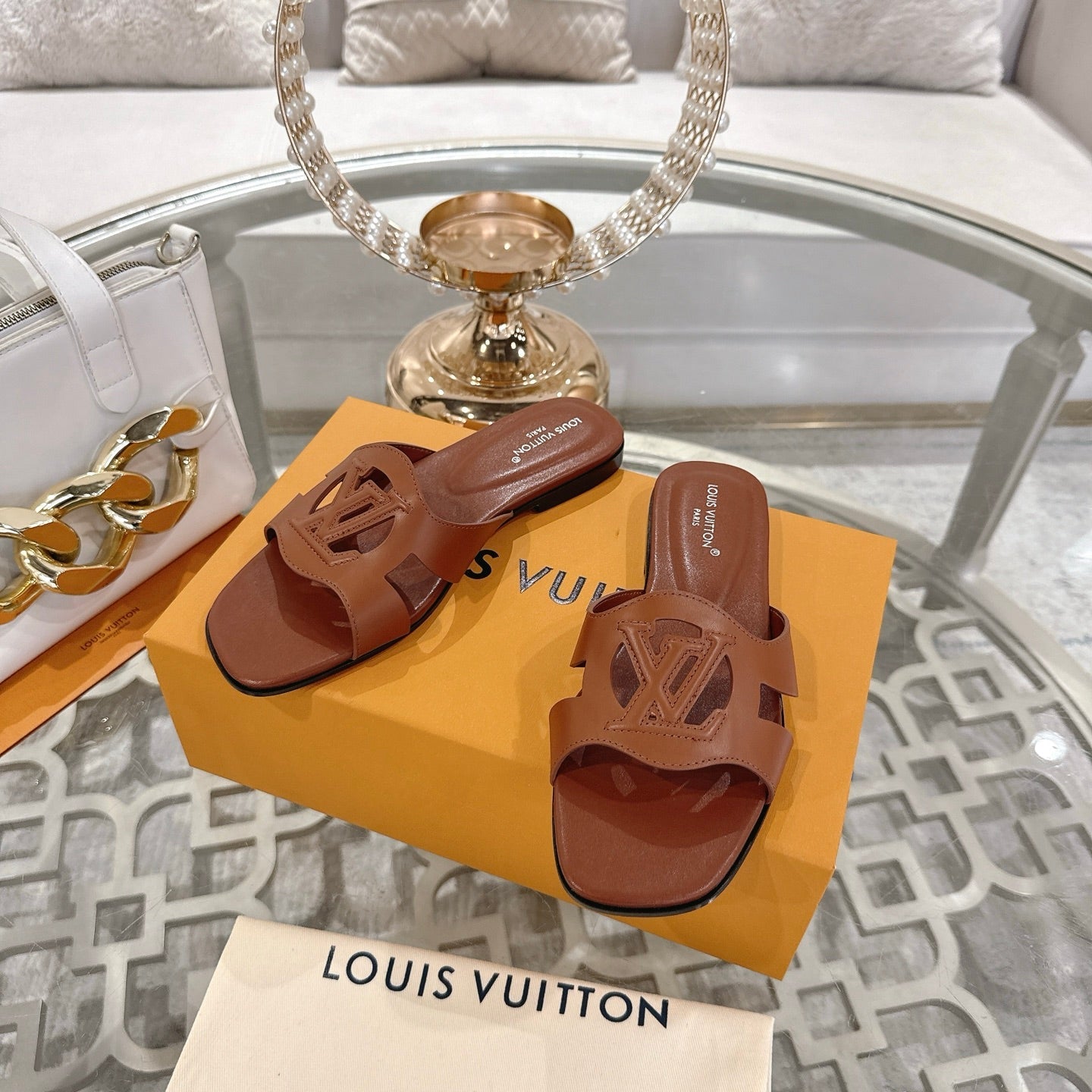 ISOLA FLAT SLIDE IN PENNY BROWN CALFSKIN - 35