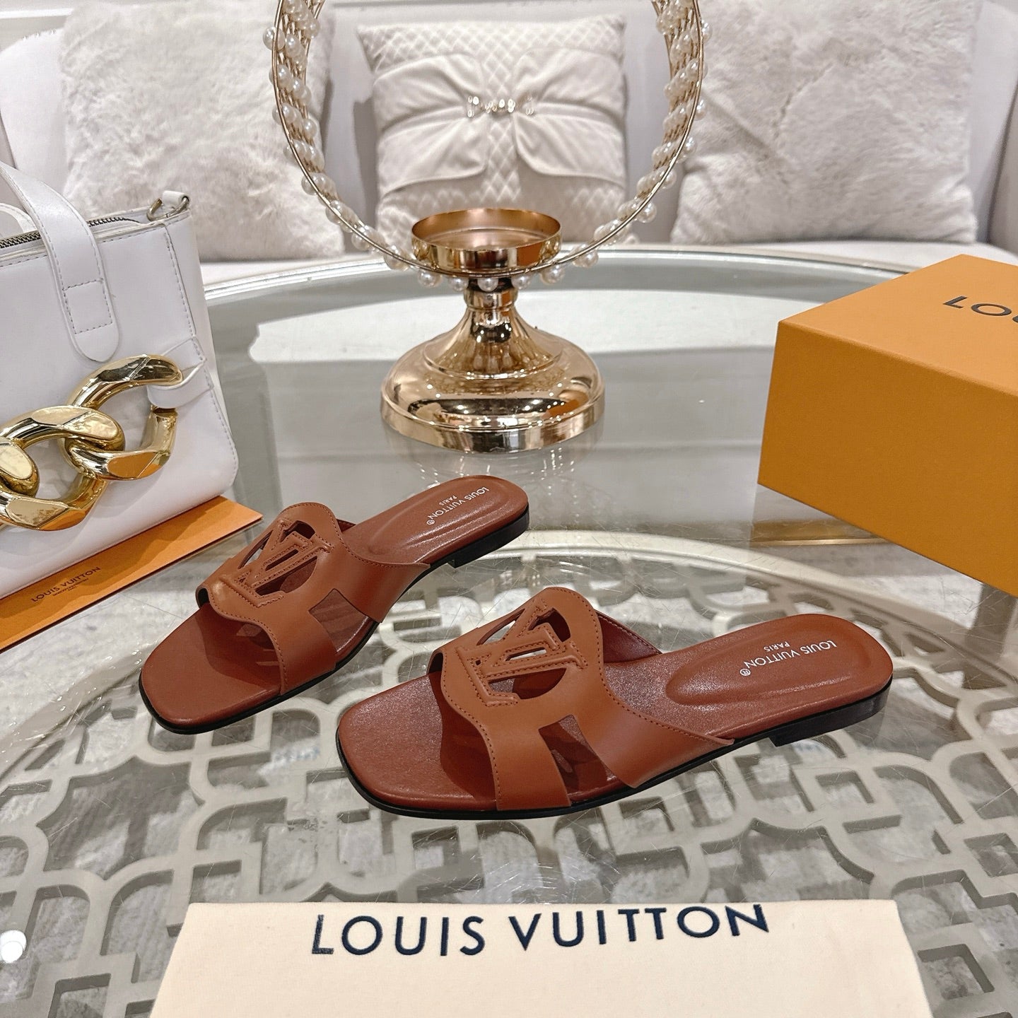 ISOLA FLAT SLIDE IN PENNY BROWN CALFSKIN - 35