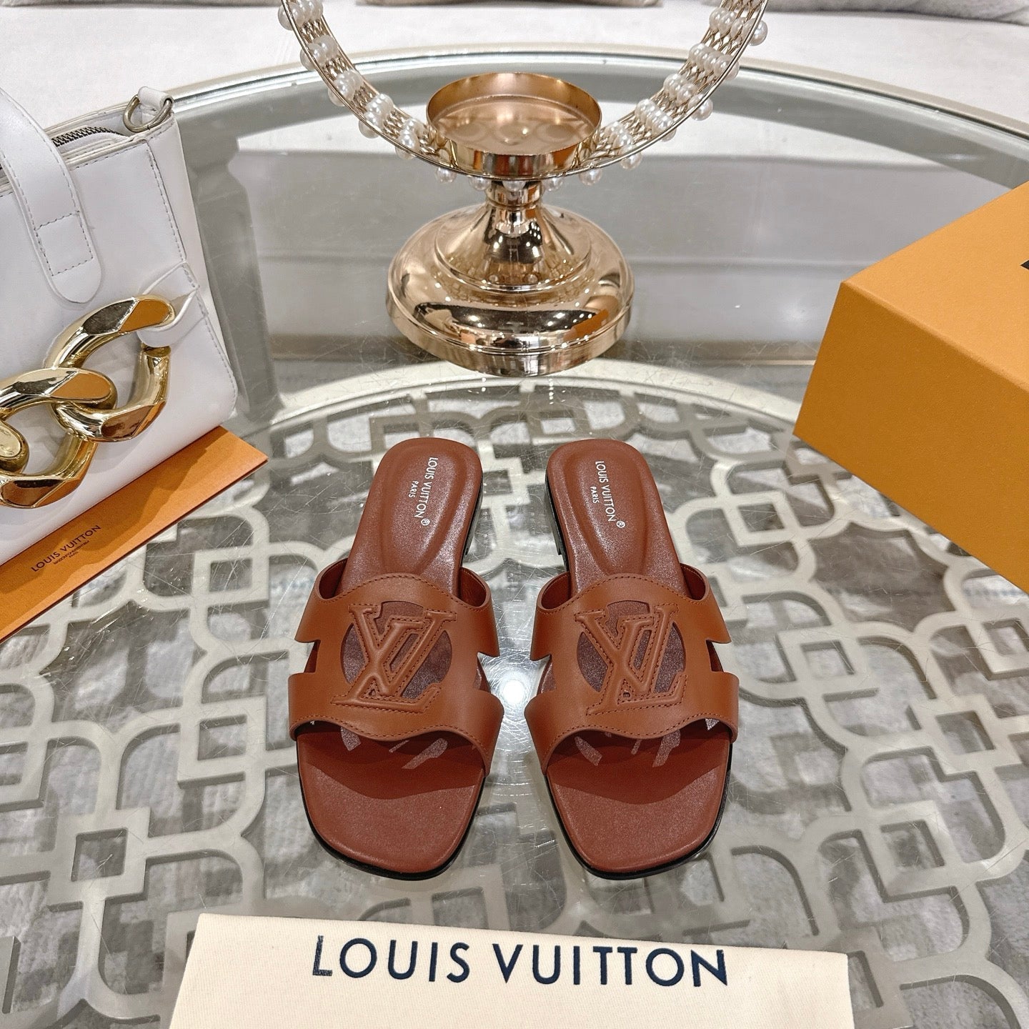 ISOLA FLAT SLIDE IN PENNY BROWN CALFSKIN - 35