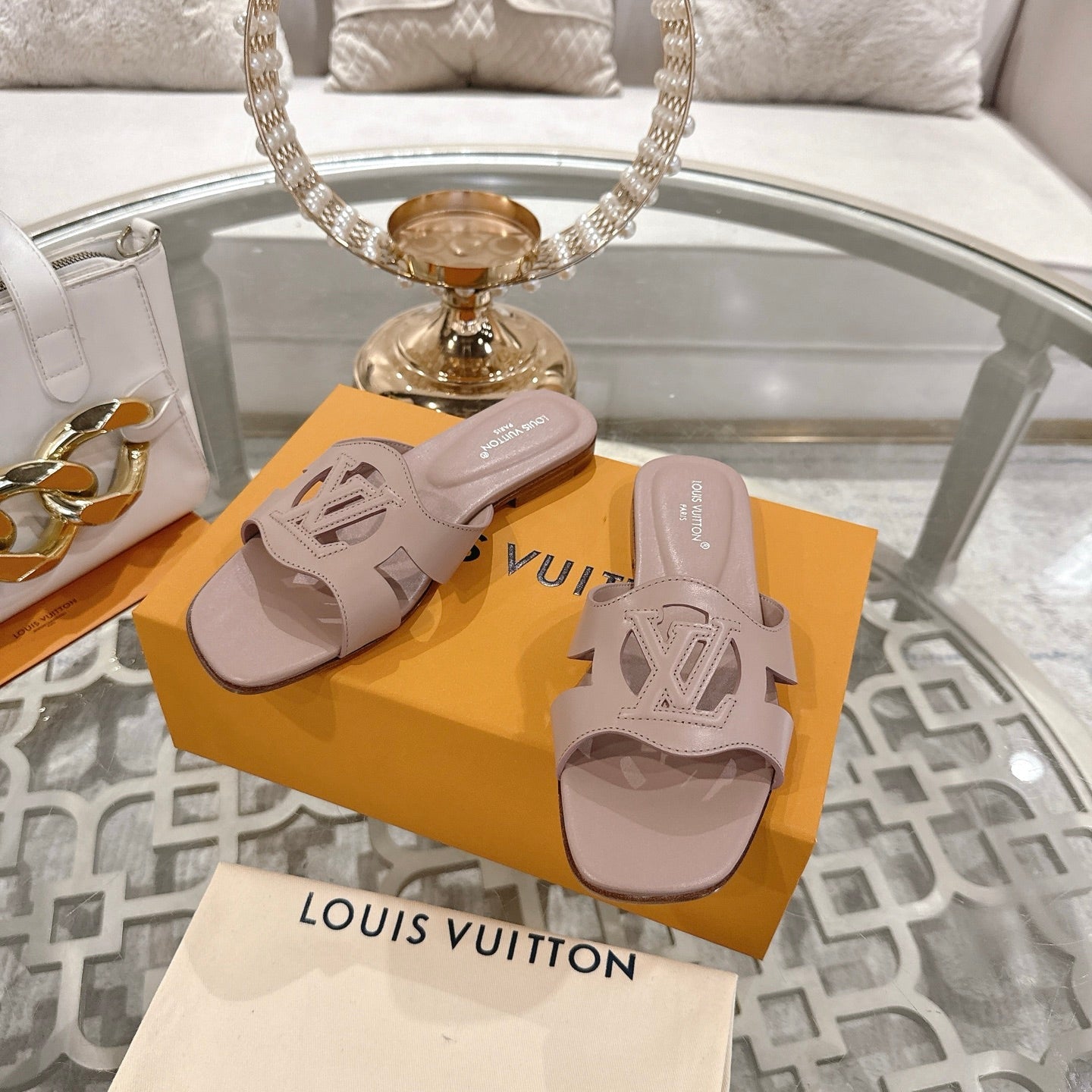 ISOLA FLAT SLIDE IN DUSTY PINK CALFSKIN - 35