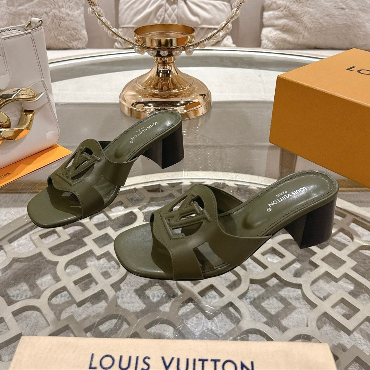 ISOLA HIGH 55 MM MULE IN ARMY GREEN CALFSKIN - 35
