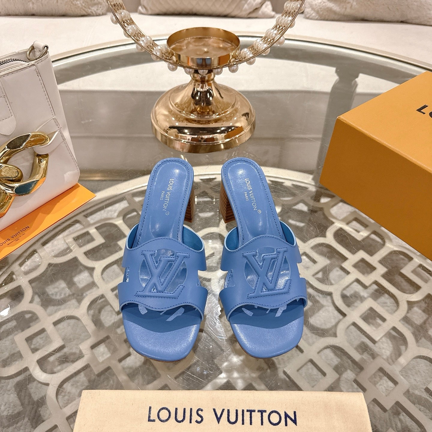 ISOLA HIGH 55 MM MULE IN CORNFLOWER BLUE CALFSKIN - 35