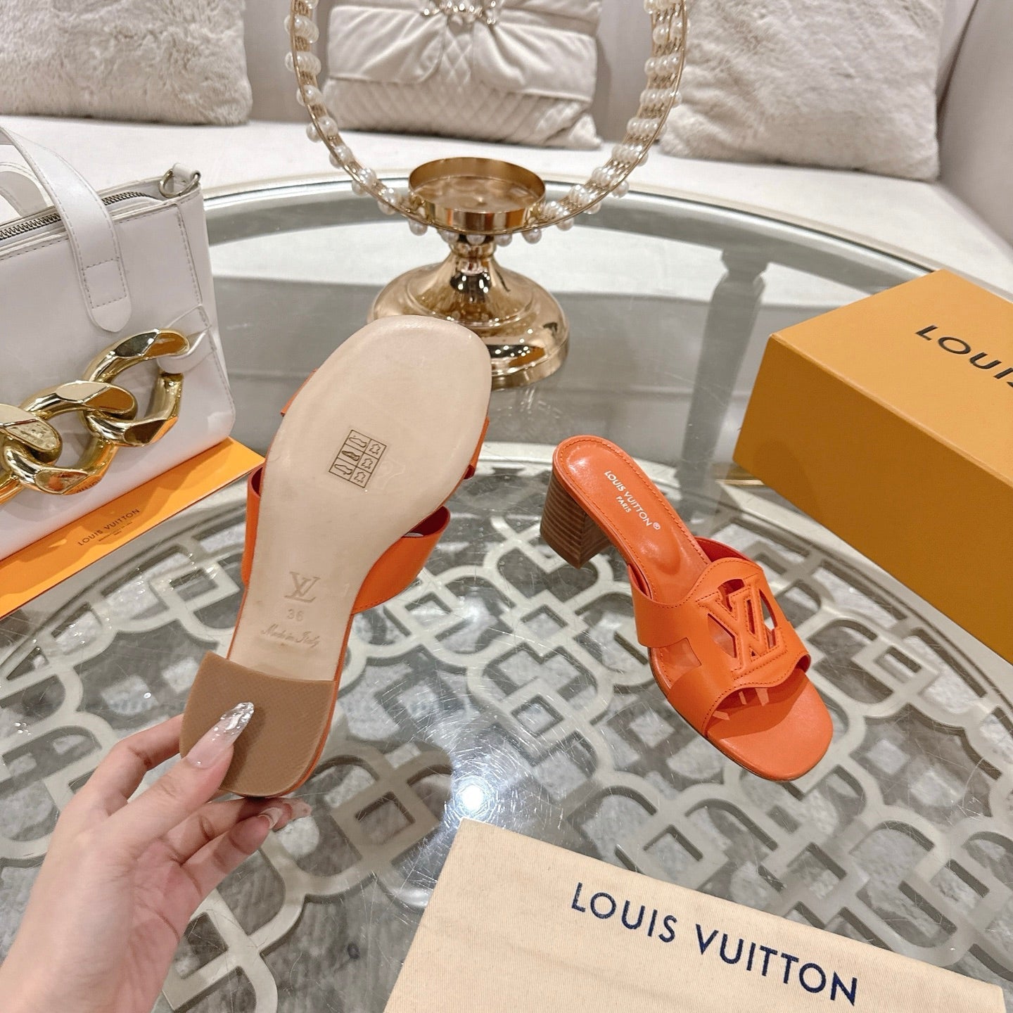 ISOLA HIGH 55 MM MULE IN VIVID ORANGE CALFSKIN - 35