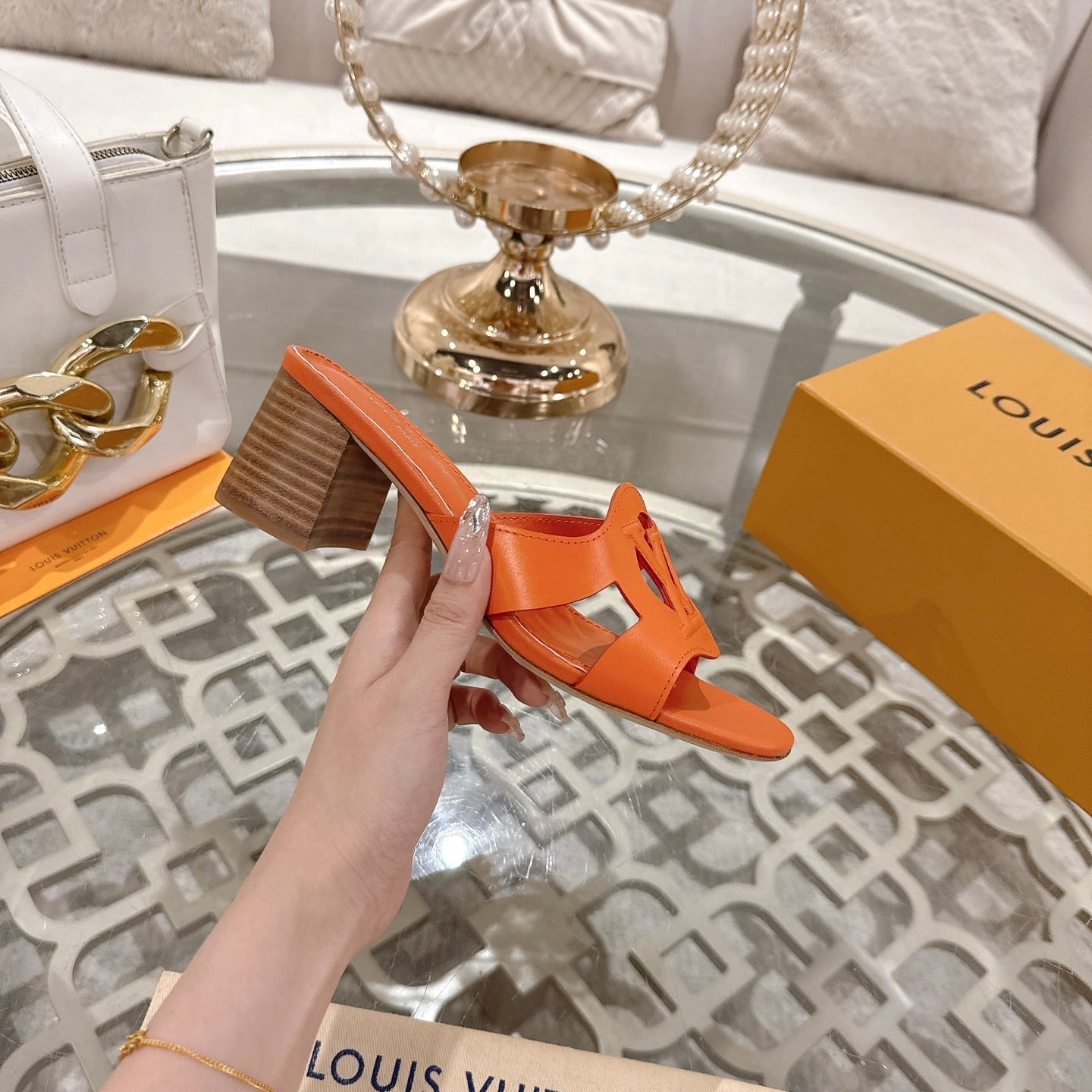 ISOLA HIGH 55 MM MULE IN VIVID ORANGE CALFSKIN - 35
