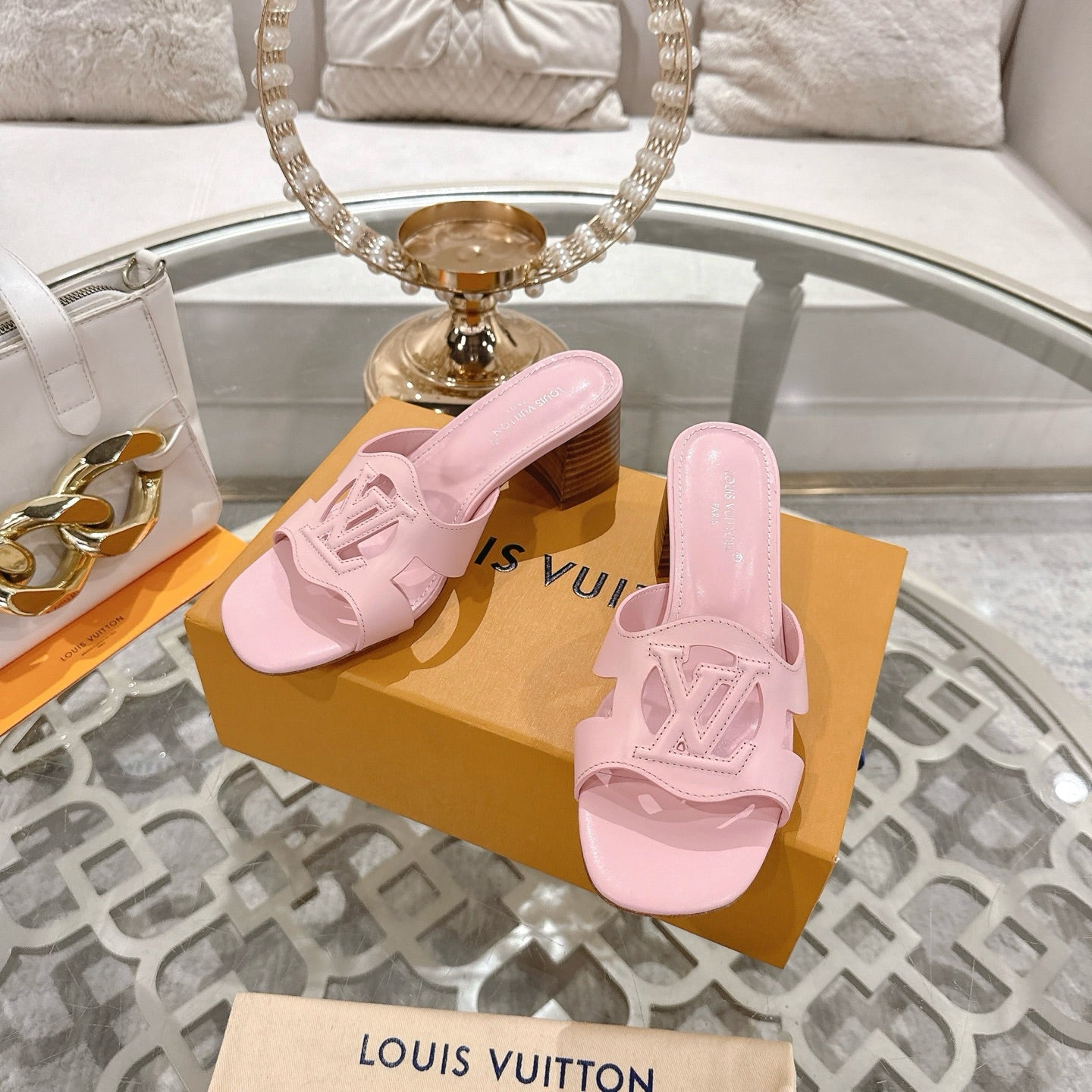 ISOLA HIGH 55 MM MULE IN PASTEL PINK CALFSKIN - 35
