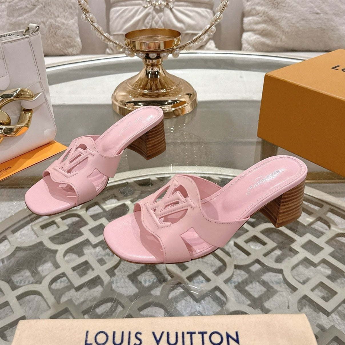 ISOLA HIGH 55 MM MULE IN PASTEL PINK CALFSKIN - 35