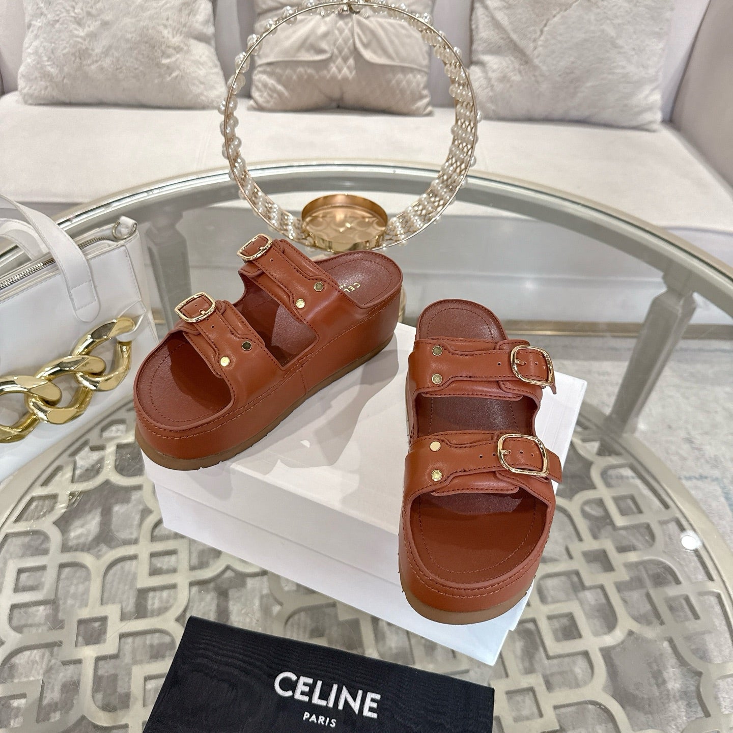 POLLY WEDGE MULE IN TAN BROWN SHINY CALFSKIN - 35