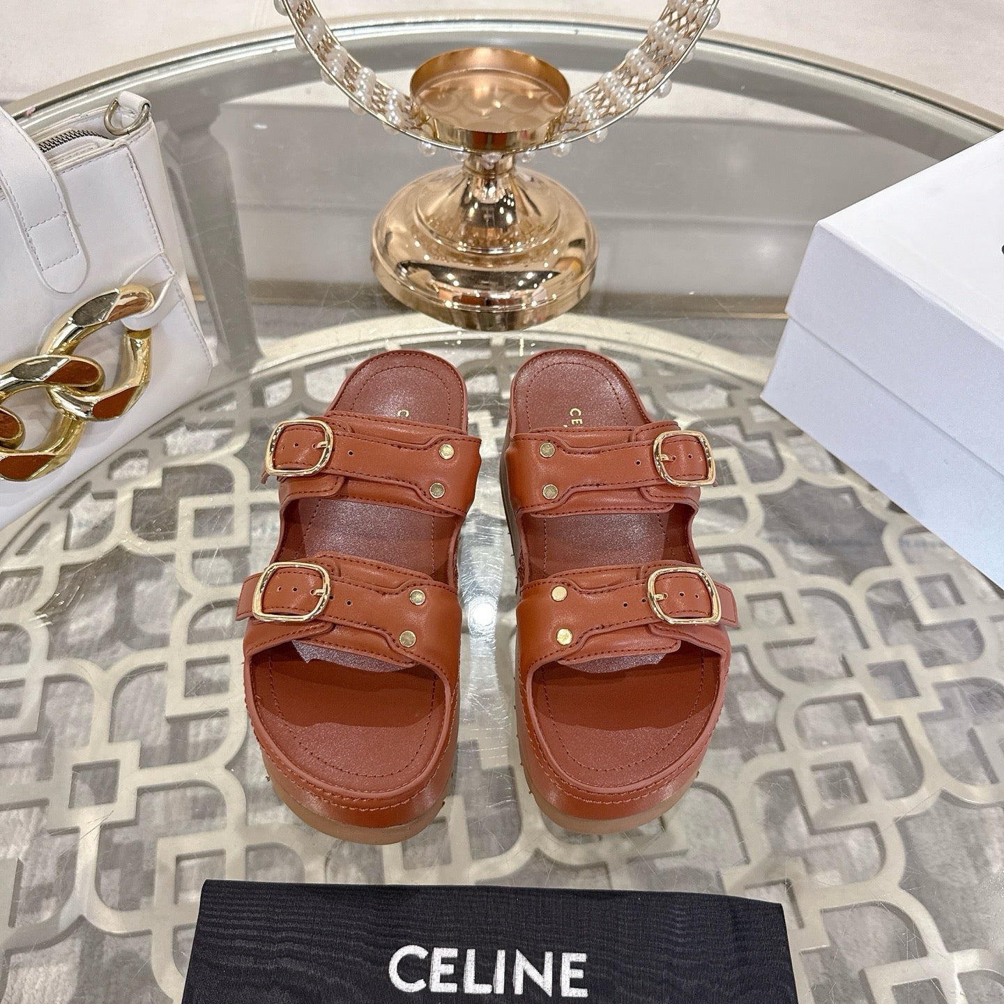 POLLY WEDGE MULE IN TAN BROWN SHINY CALFSKIN - 35