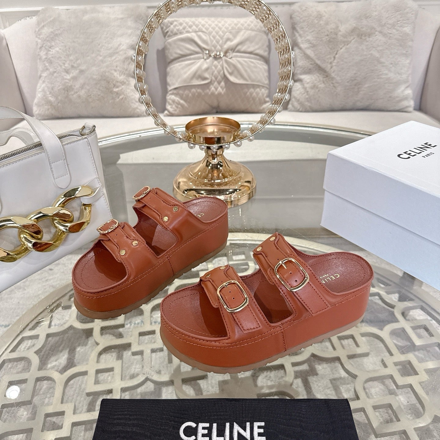 POLLY WEDGE MULE IN TAN BROWN SHINY CALFSKIN - 35