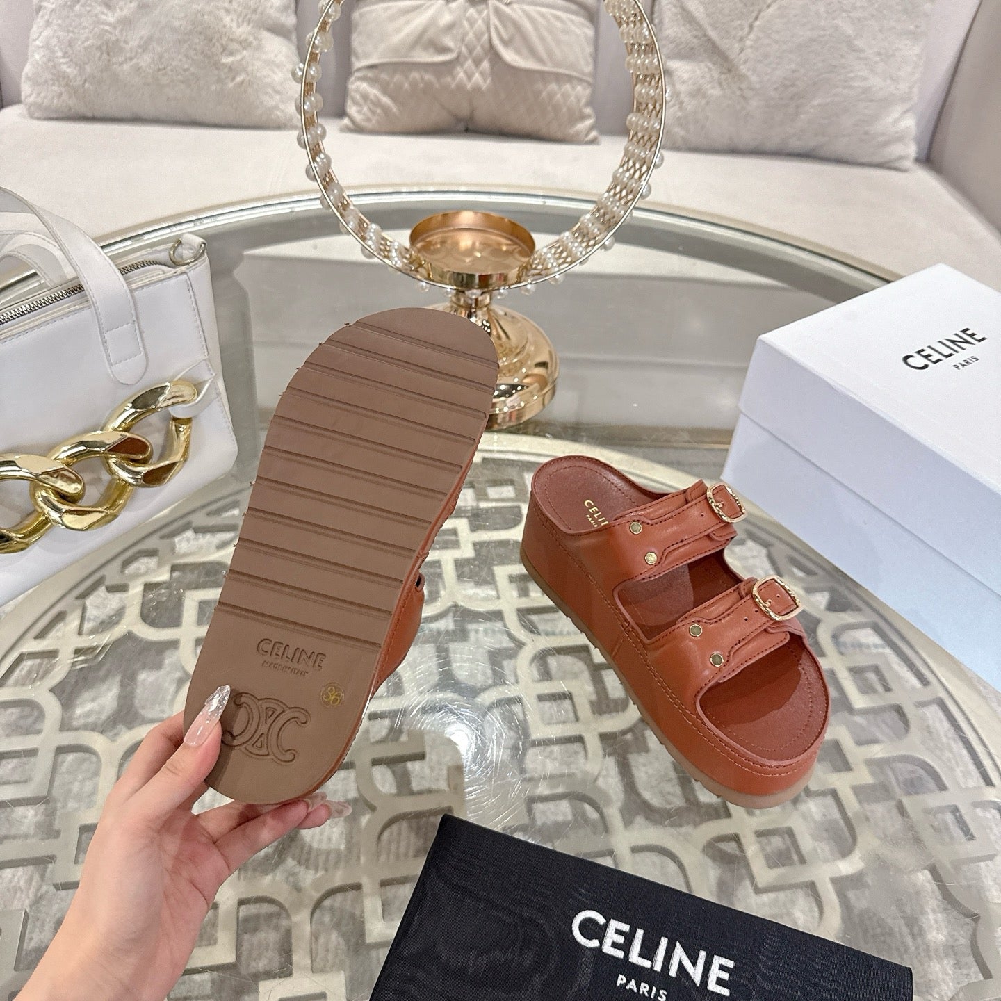 POLLY WEDGE MULE IN TAN BROWN SHINY CALFSKIN - 35