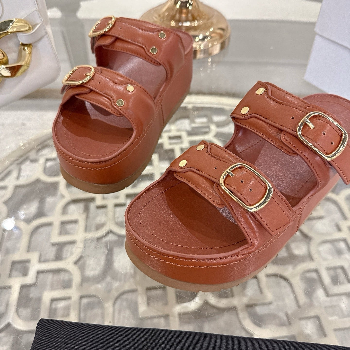 POLLY WEDGE MULE IN TAN BROWN SHINY CALFSKIN - 35