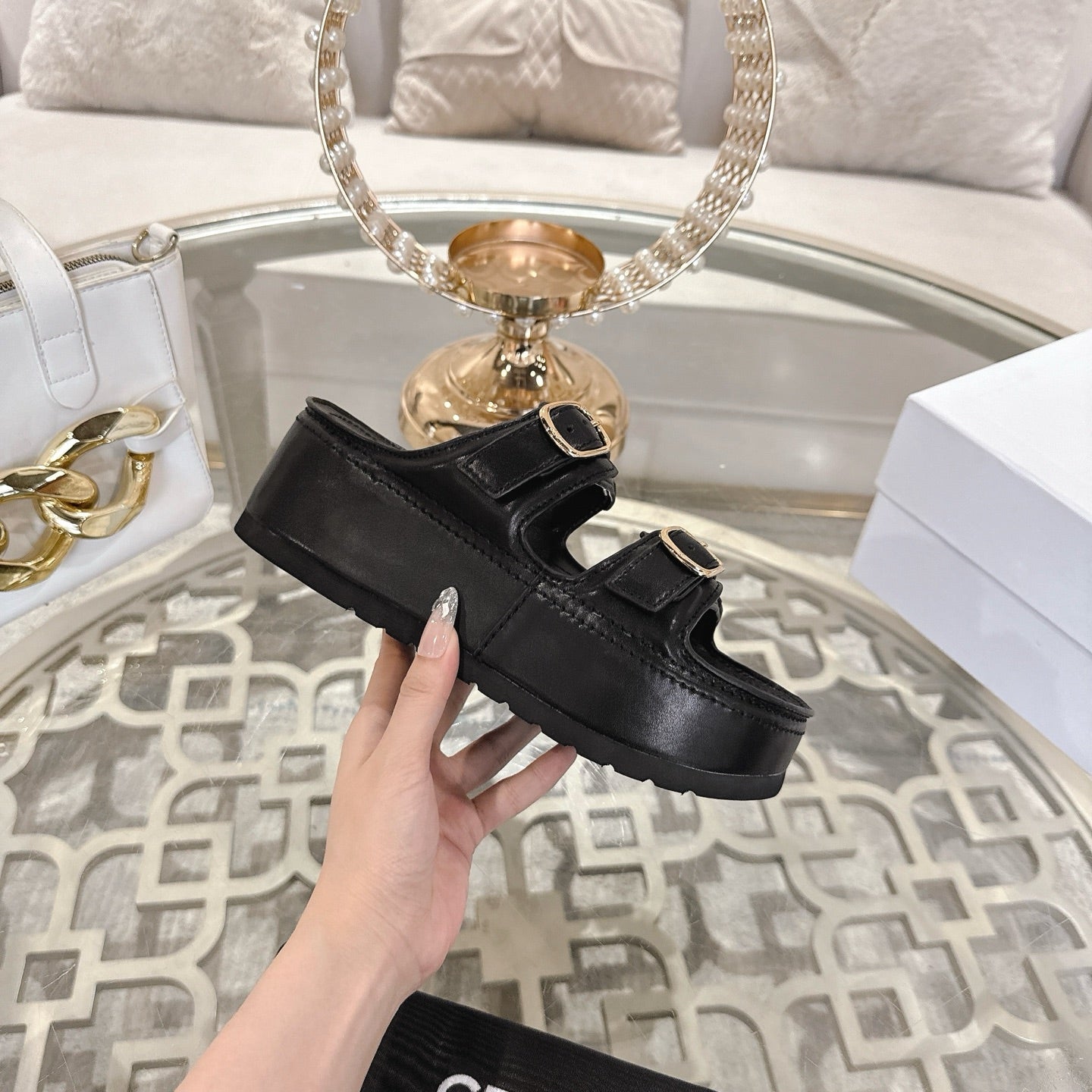 POLLY WEDGE MULE IN BLACK SHINY CALFSKIN - 35