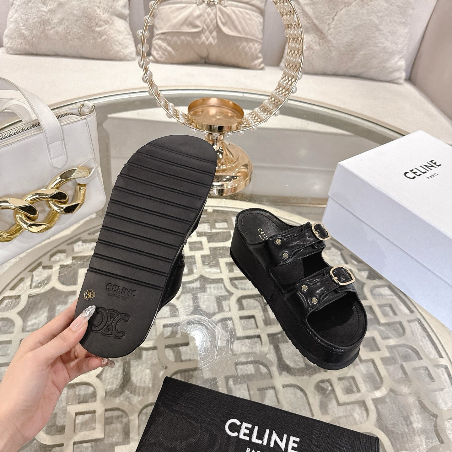 POLLY WEDGE MULE IN BLACK SHINY CALFSKIN - 35
