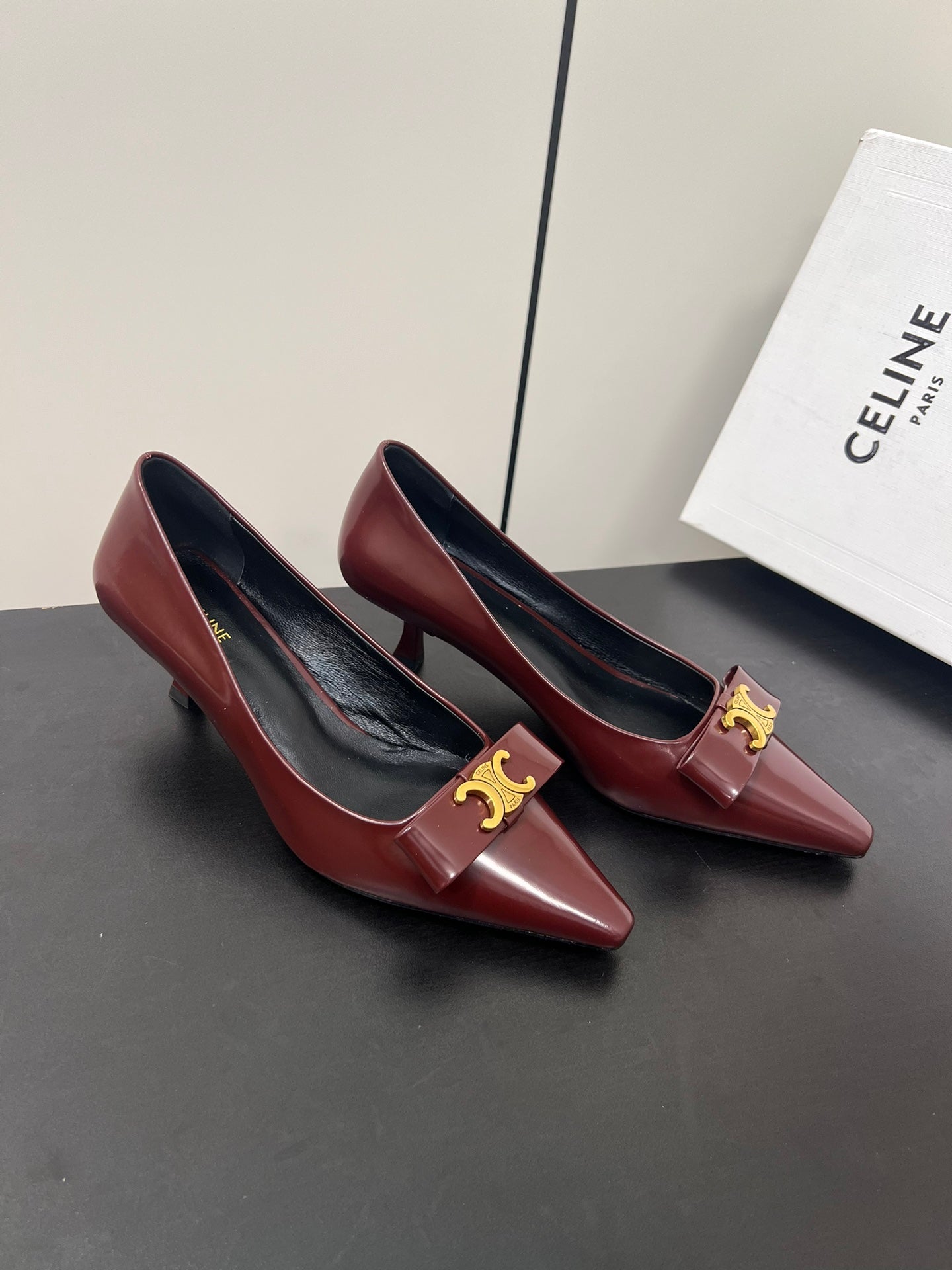 TRIOMPHE POINTED-TOE HIGH PUMPS IN BURGUNDY RED SHINY CALFSKIN - 35