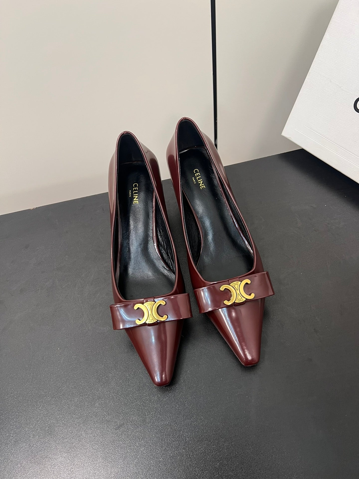 TRIOMPHE POINTED-TOE HIGH PUMPS IN BURGUNDY RED SHINY CALFSKIN - 35