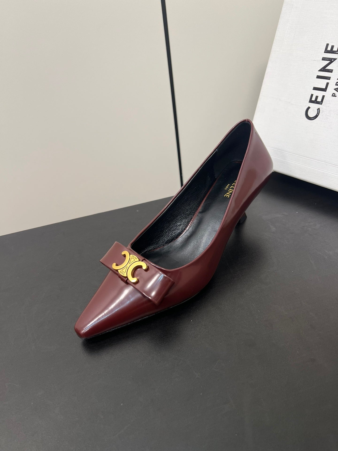 TRIOMPHE POINTED-TOE HIGH PUMPS IN BURGUNDY RED SHINY CALFSKIN - 35