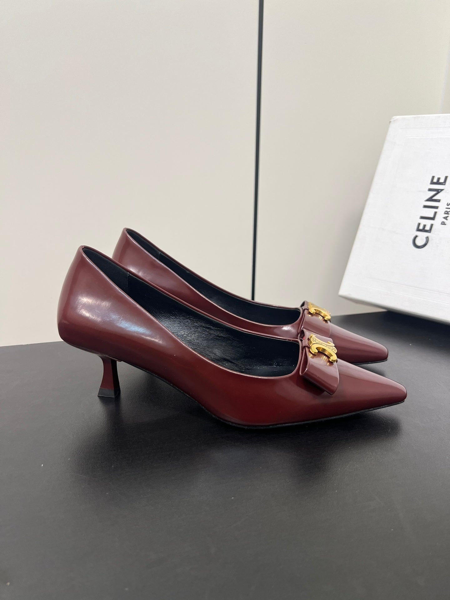 TRIOMPHE POINTED-TOE HIGH PUMPS IN BURGUNDY RED SHINY CALFSKIN - 35