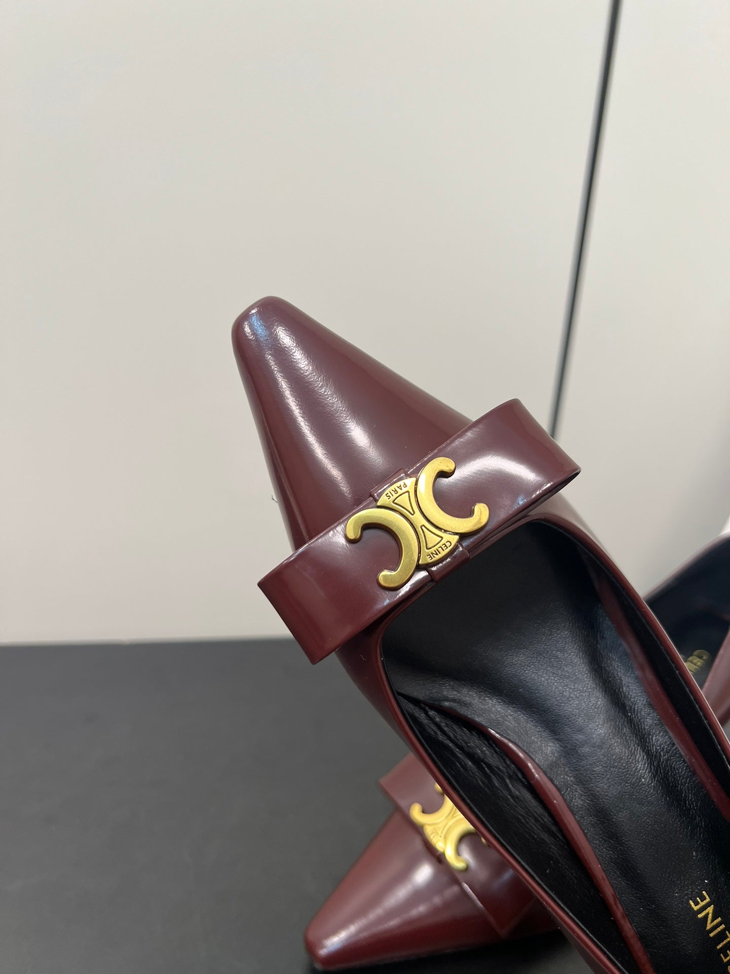 TRIOMPHE POINTED-TOE HIGH PUMPS IN BURGUNDY RED SHINY CALFSKIN - 35