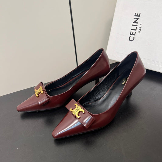 TRIOMPHE POINTED-TOE HIGH PUMPS IN BURGUNDY RED SHINY CALFSKIN - 35