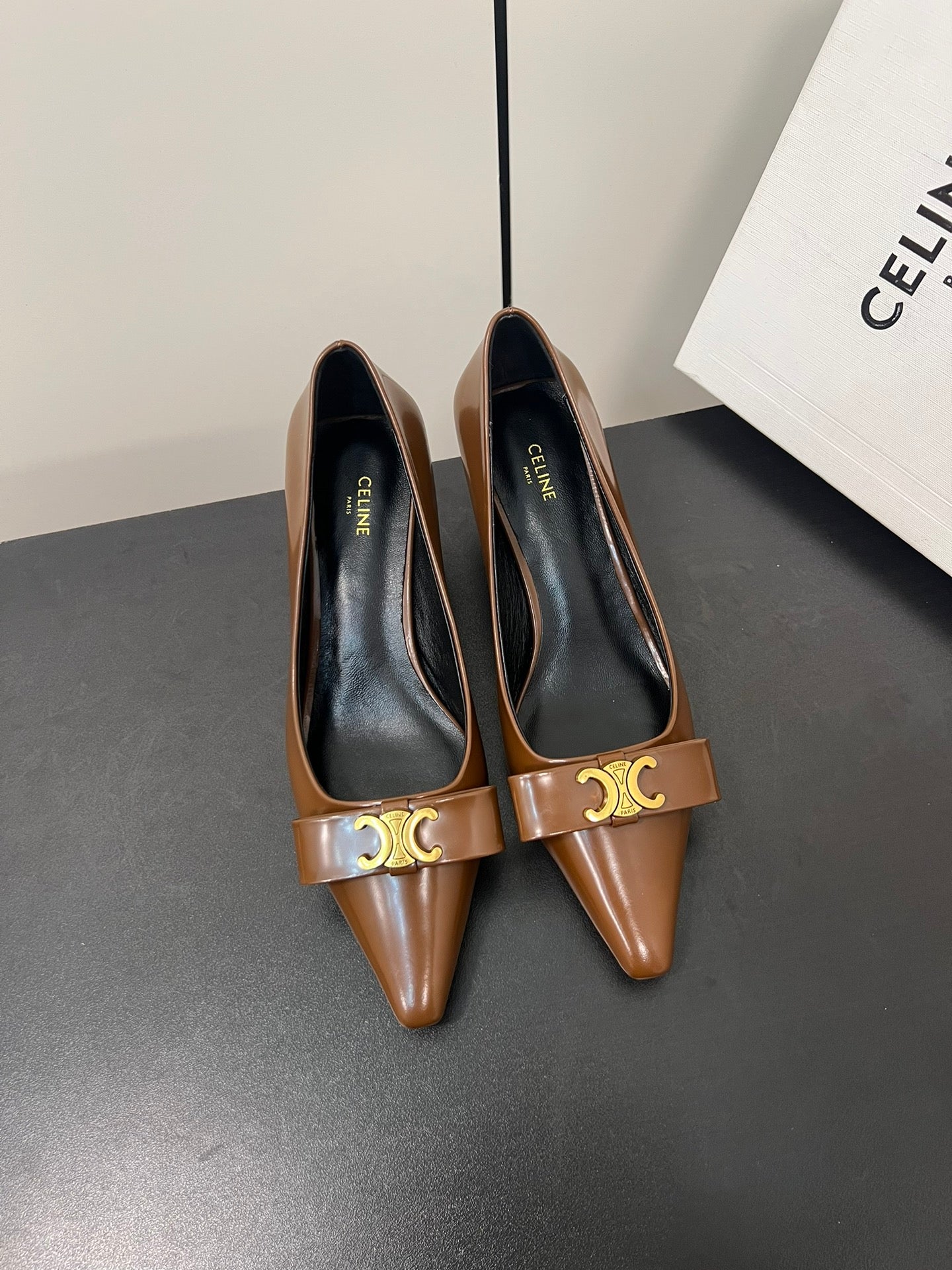 TRIOMPHE POINTED-TOE HIGH PUMPS IN BROWN SHINY CALFSKIN - 35