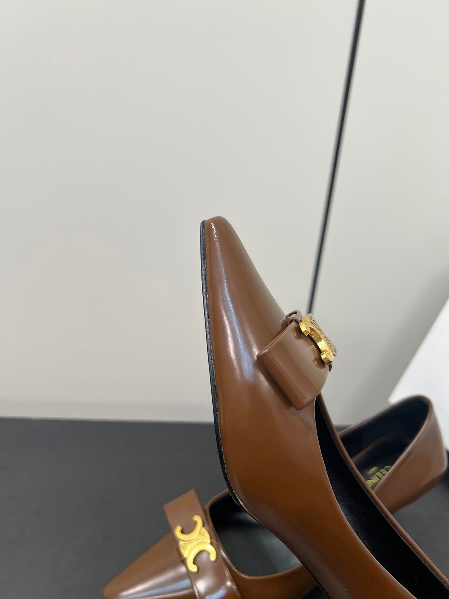 TRIOMPHE POINTED-TOE HIGH PUMPS IN BROWN SHINY CALFSKIN - 35
