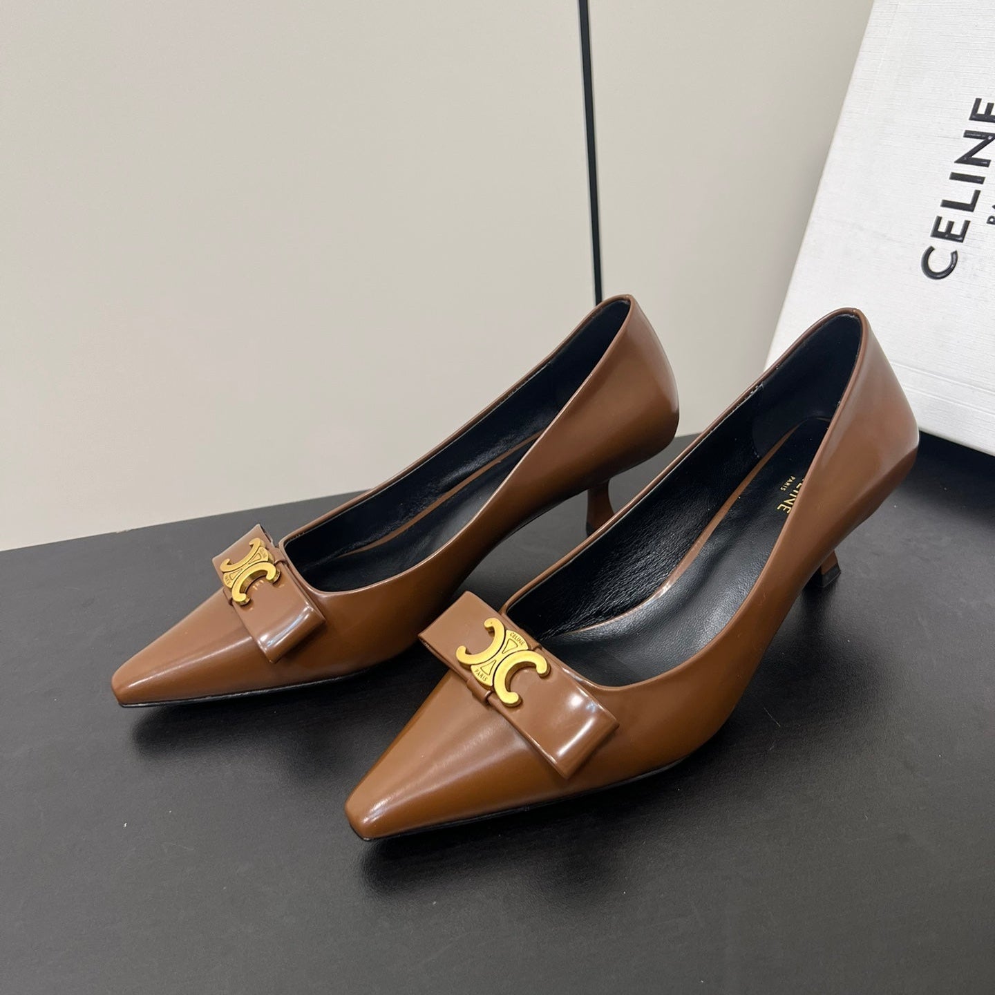 TRIOMPHE POINTED-TOE HIGH PUMPS IN BROWN SHINY CALFSKIN - 35