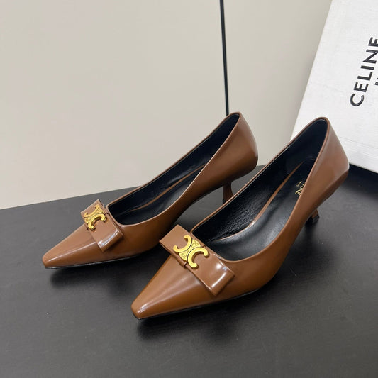 TRIOMPHE POINTED-TOE HIGH PUMPS IN BROWN SHINY CALFSKIN - 35