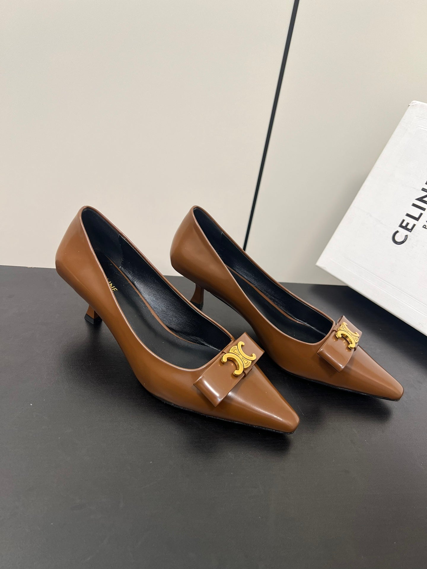 TRIOMPHE POINTED-TOE HIGH PUMPS IN BROWN SHINY CALFSKIN - 35