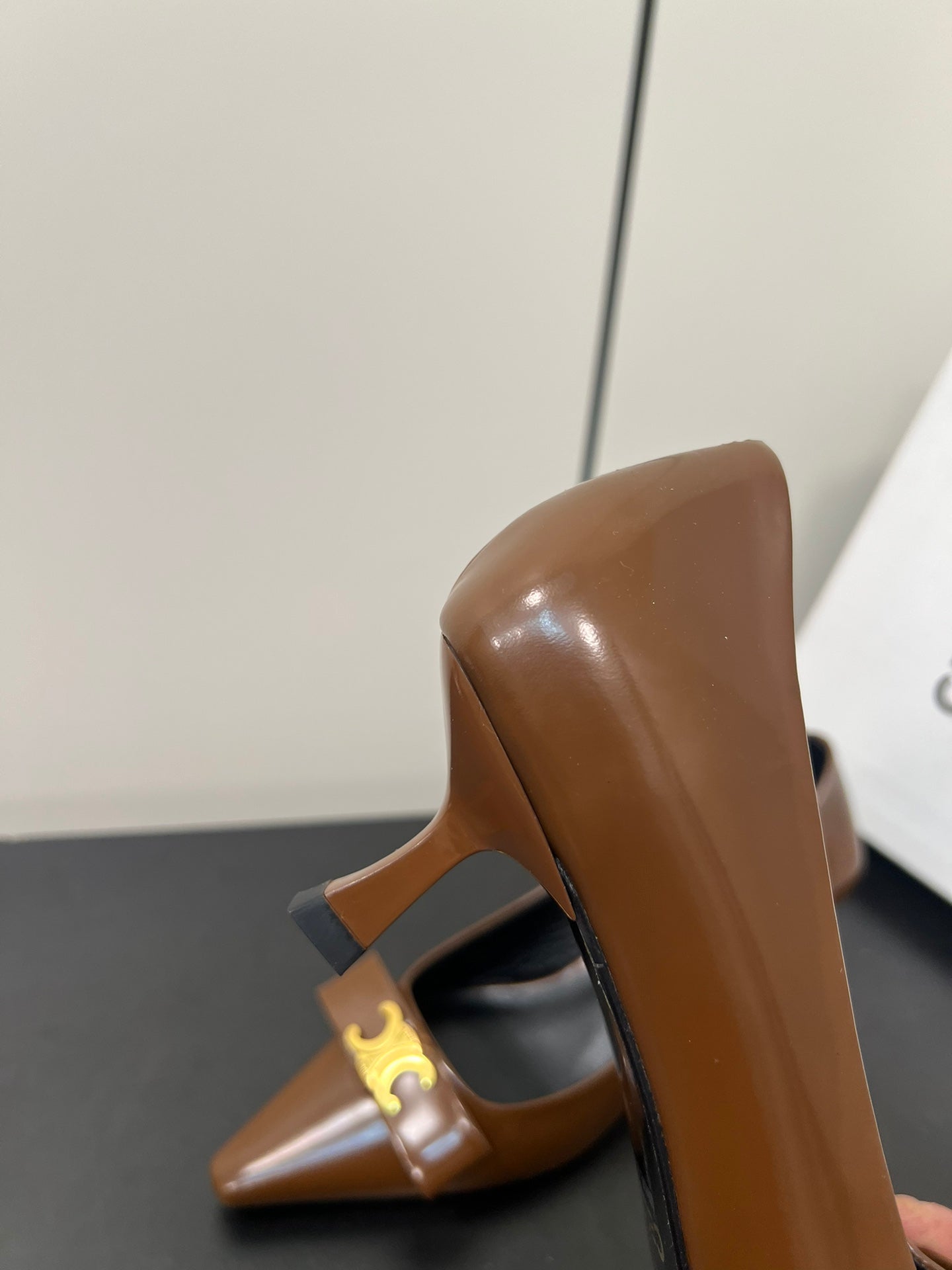 TRIOMPHE POINTED-TOE HIGH PUMPS IN BROWN SHINY CALFSKIN - 35