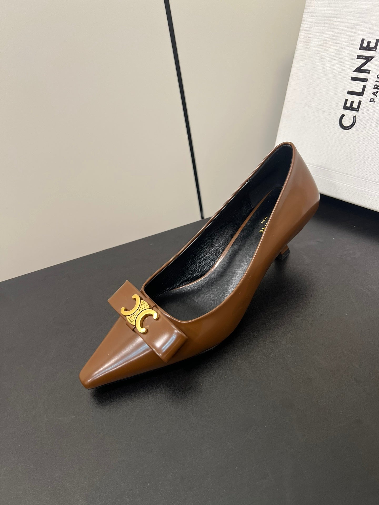 TRIOMPHE POINTED-TOE HIGH PUMPS IN BROWN SHINY CALFSKIN - 35