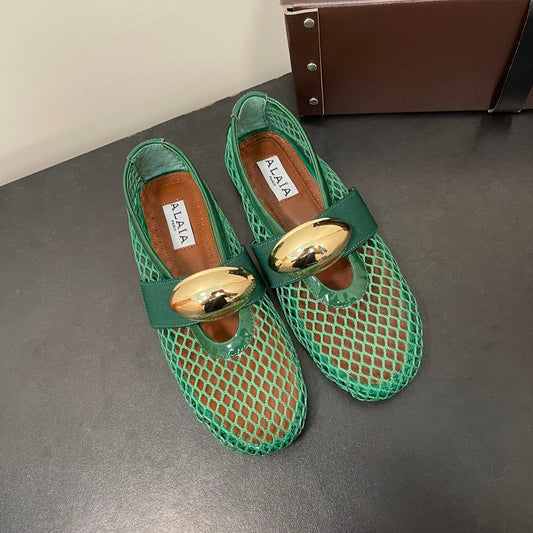 ALAIA BALLET FLATS IN COOL GREEN MESH FISHNET WITH GOLD HARDWARE - 35
