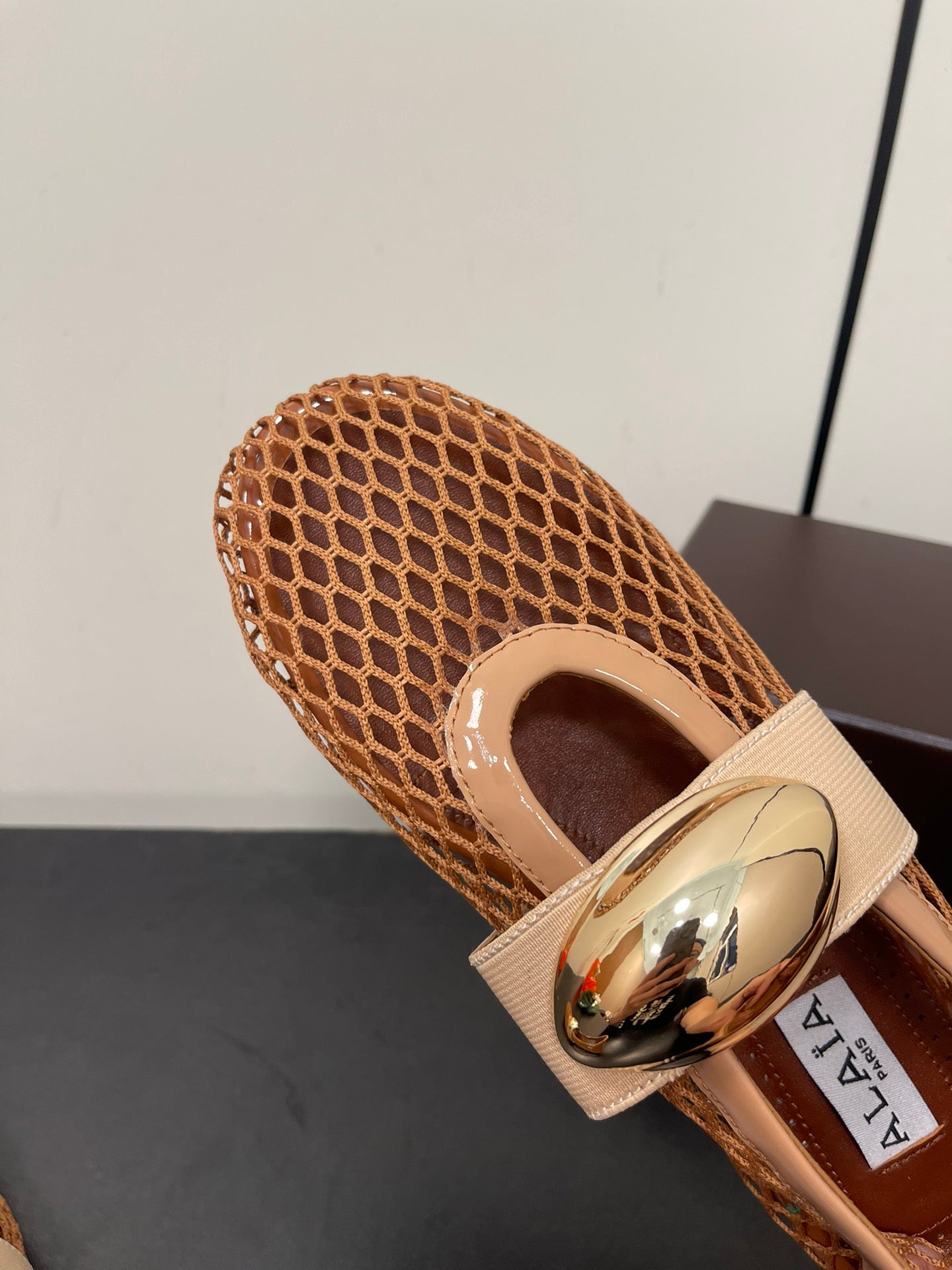 ALAIA BALLET FLATS IN COPPER BROWN MESH FISHNET WITH GOLD HARDWARE - 35