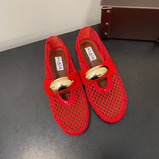 ALAIA BALLET FLATS IN CHERRY RED MESH FISHNET WITH GOLD HARDWARE - 35