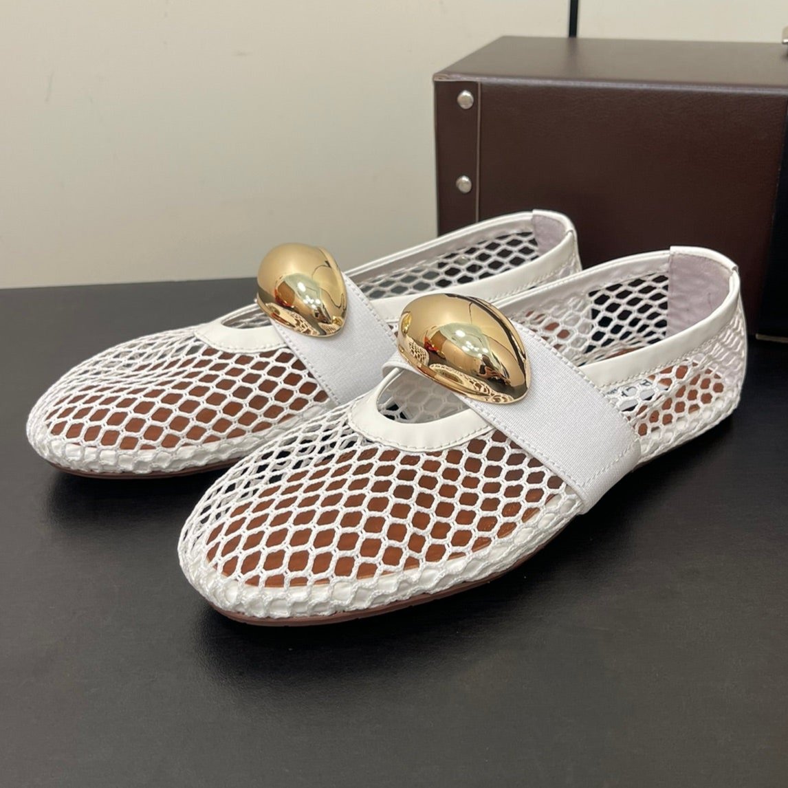 ALAIA BALLET FLATS IN WHITE MESH FISHNET WITH GOLD HARDWARE - 35