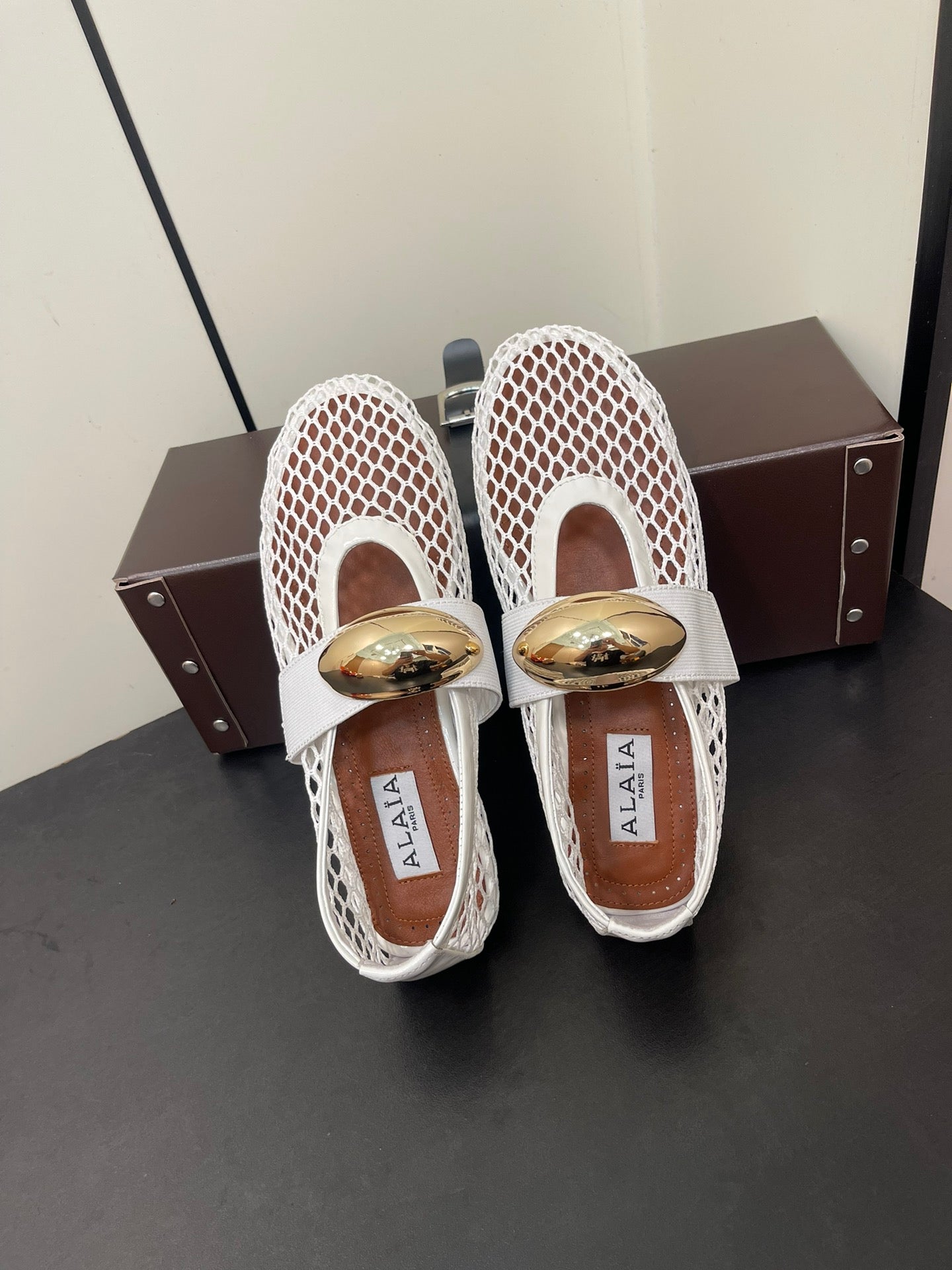 ALAIA BALLET FLATS IN WHITE MESH FISHNET WITH GOLD HARDWARE - 35
