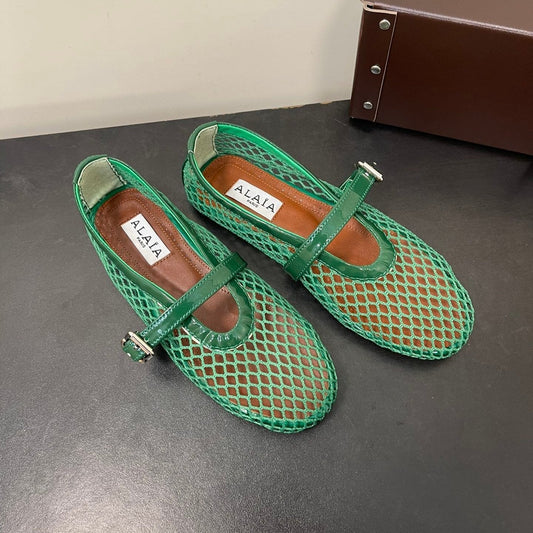 ALAIA BALLET FLATS IN COOL GREEN MESH FISHNET - 35