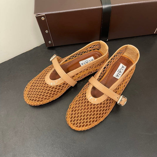 ALAIA BALLET FLATS IN COPPER BROWN MESH FISHNET - 35