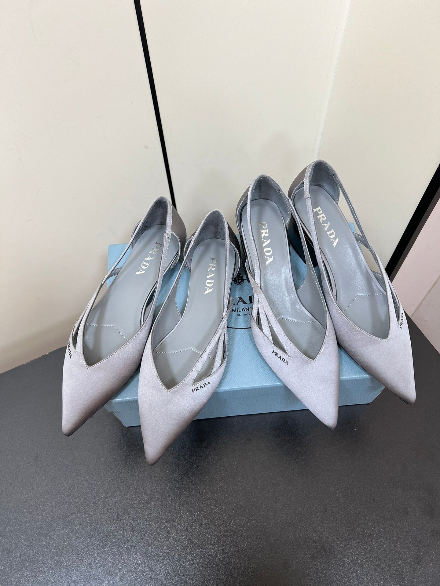 CUT-OUT BALLERINAS IN WARM GRAY SATIN - 35