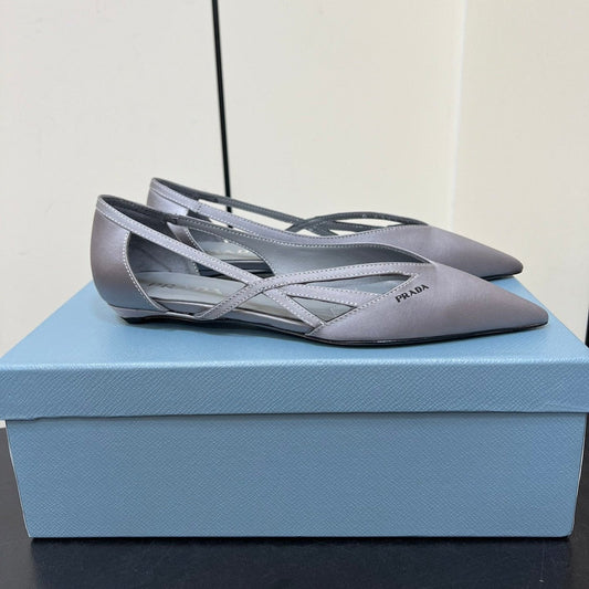 CUT-OUT BALLERINAS IN WARM GRAY SATIN - 35