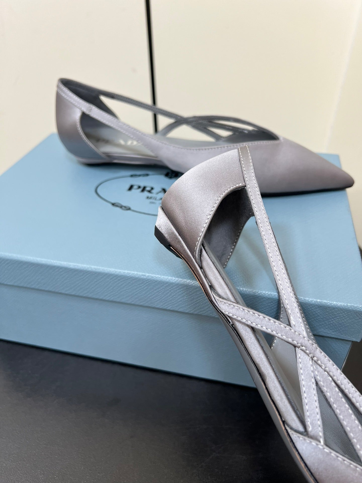 CUT-OUT BALLERINAS IN WARM GRAY SATIN - 35
