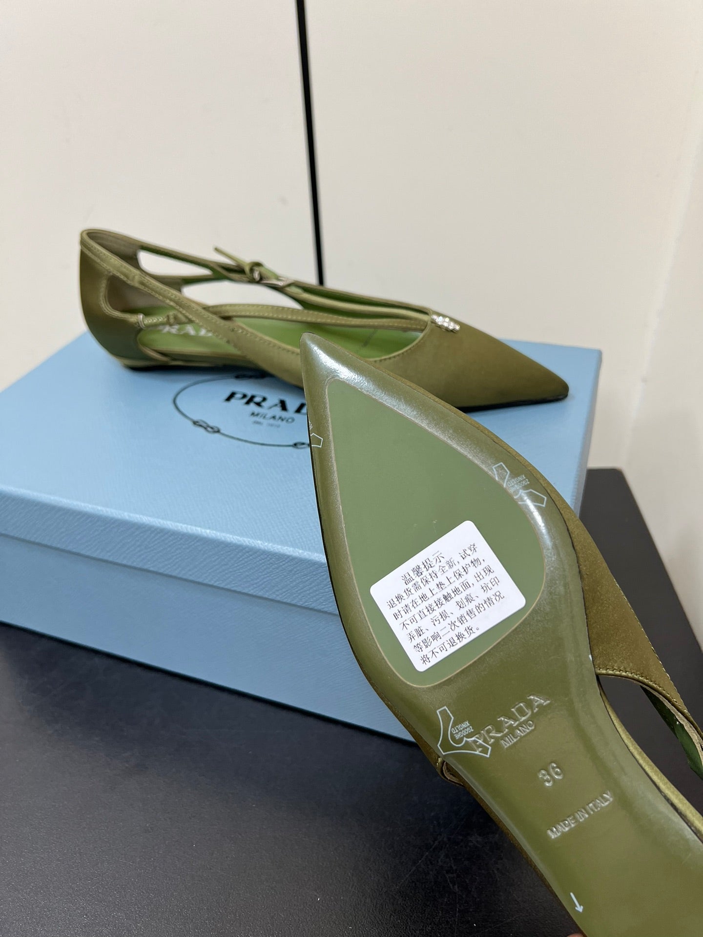 CUT-OUT BALLERINA FLAT IN OLIVE GREEN SATIN ATTACHED BEAD BUCKLE - 35