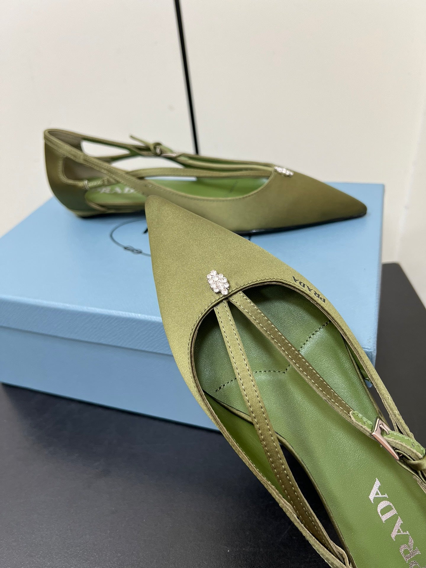CUT-OUT BALLERINA FLAT IN OLIVE GREEN SATIN ATTACHED BEAD BUCKLE - 35