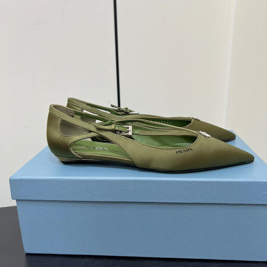 CUT-OUT BALLERINA FLAT IN OLIVE GREEN SATIN ATTACHED BEAD BUCKLE - 35